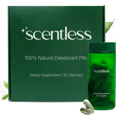 Scentless internal deodorant mint capsules bottle ready for daily use.