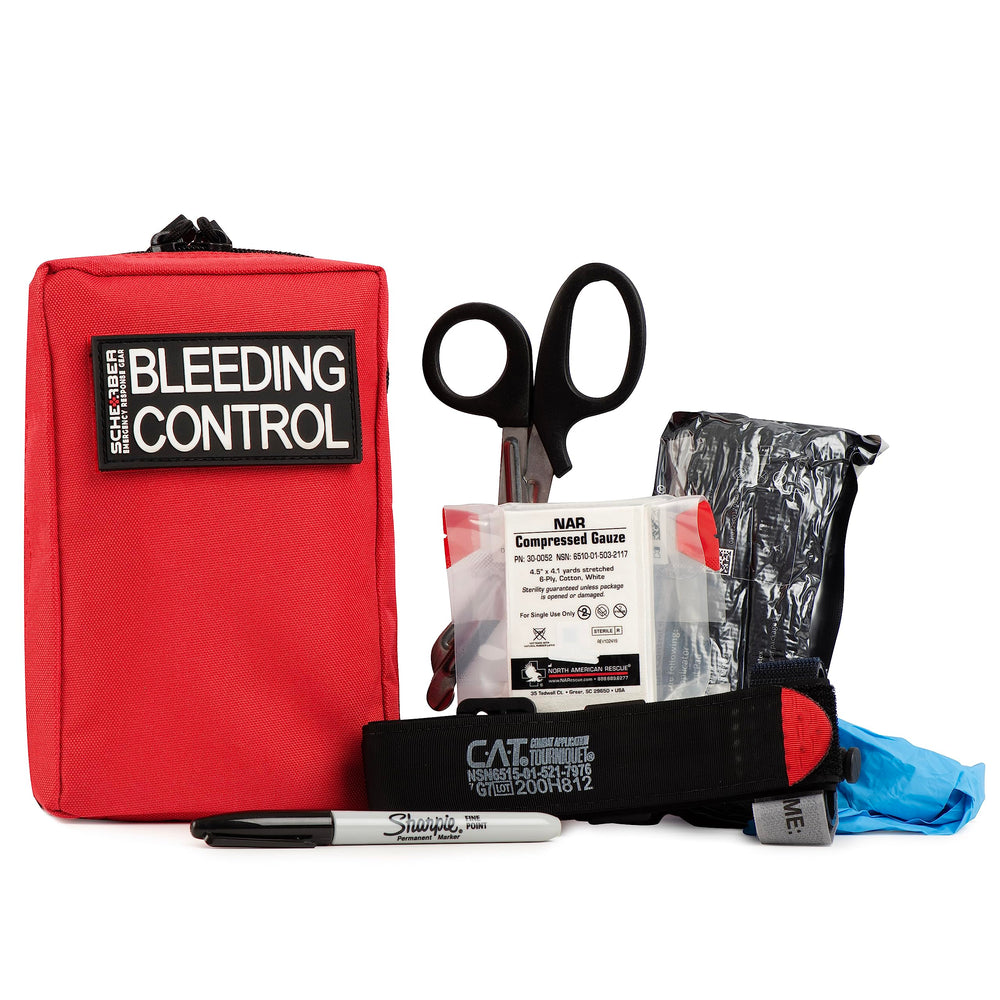 Scherber Public Access Bleeding Control Kit front view with red bag for quick access.