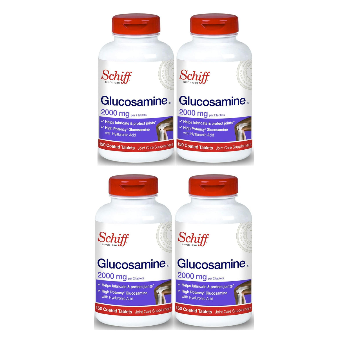 Schiff Glucosamine 2000mg bottle shows joint support with hyaluronic acid.