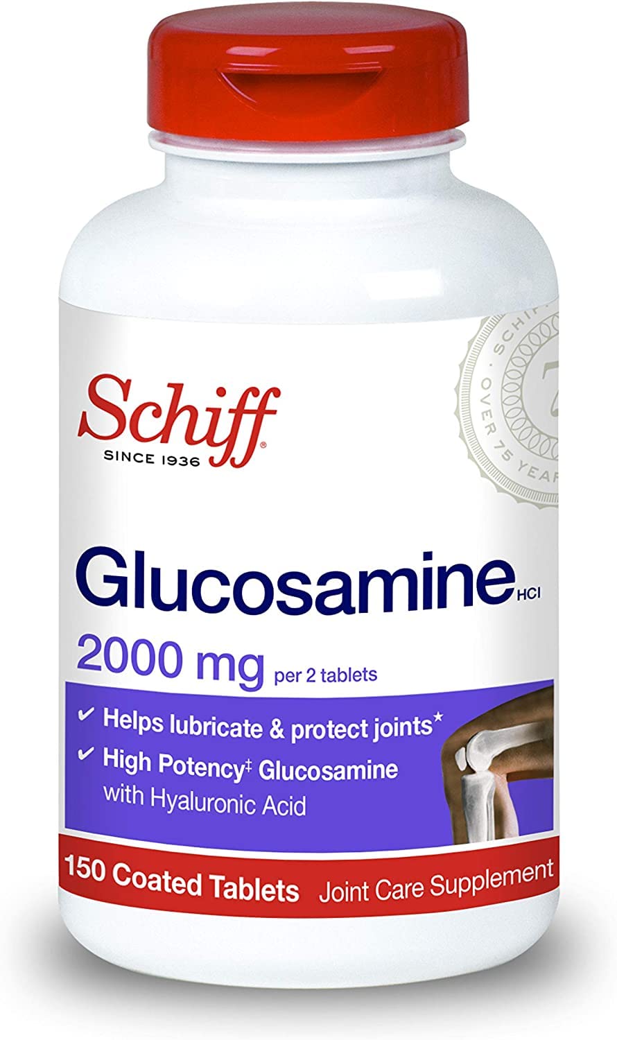Close-up of Schiff Glucosamine tablets with hyaluronic acid for smooth movement.