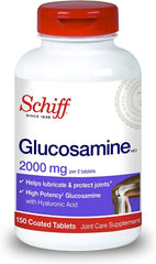 Close-up of Schiff Glucosamine tablets with hyaluronic acid for smooth movement.