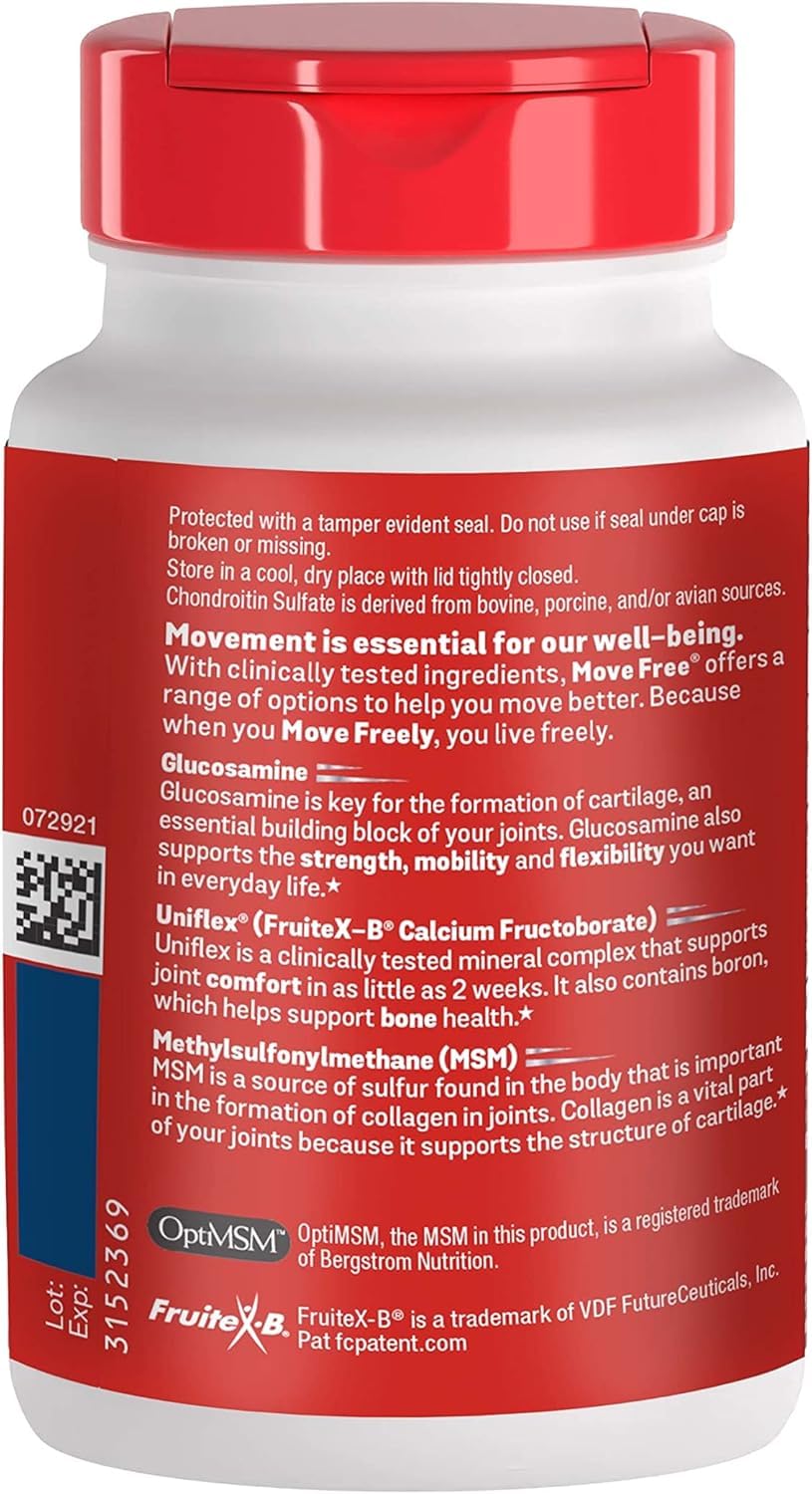 Schiff Move Free Advanced capsules closeup emphasizes coated tablets for easy swallowing.