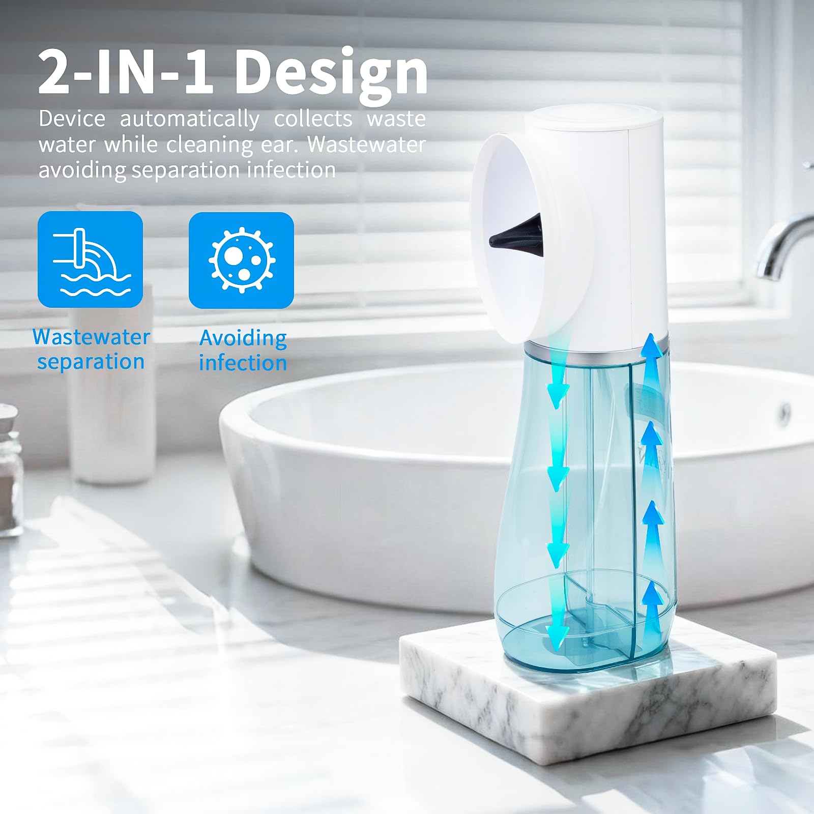 Scian ear-cleaner-dual-tanks shot shows hygienic clean and dirty water separation.