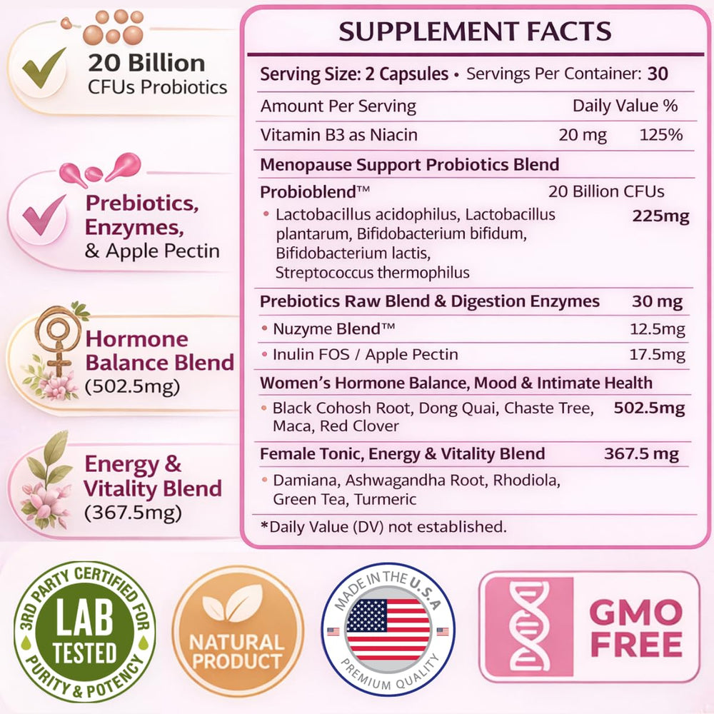 Lovely Queen packaging label shows free Menopause Pro Tips eBook.