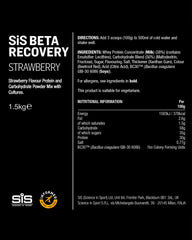 Science in Sport Beta Recovery ingredients label highlighting leucine-enriched protein and dual carbs.