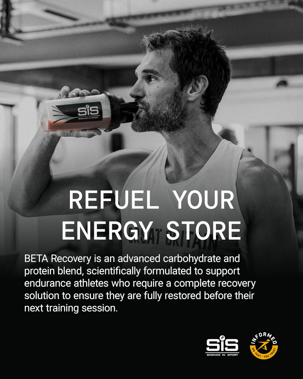 Science in Sport Beta Recovery liquid mix illustrating balanced energy and protein.