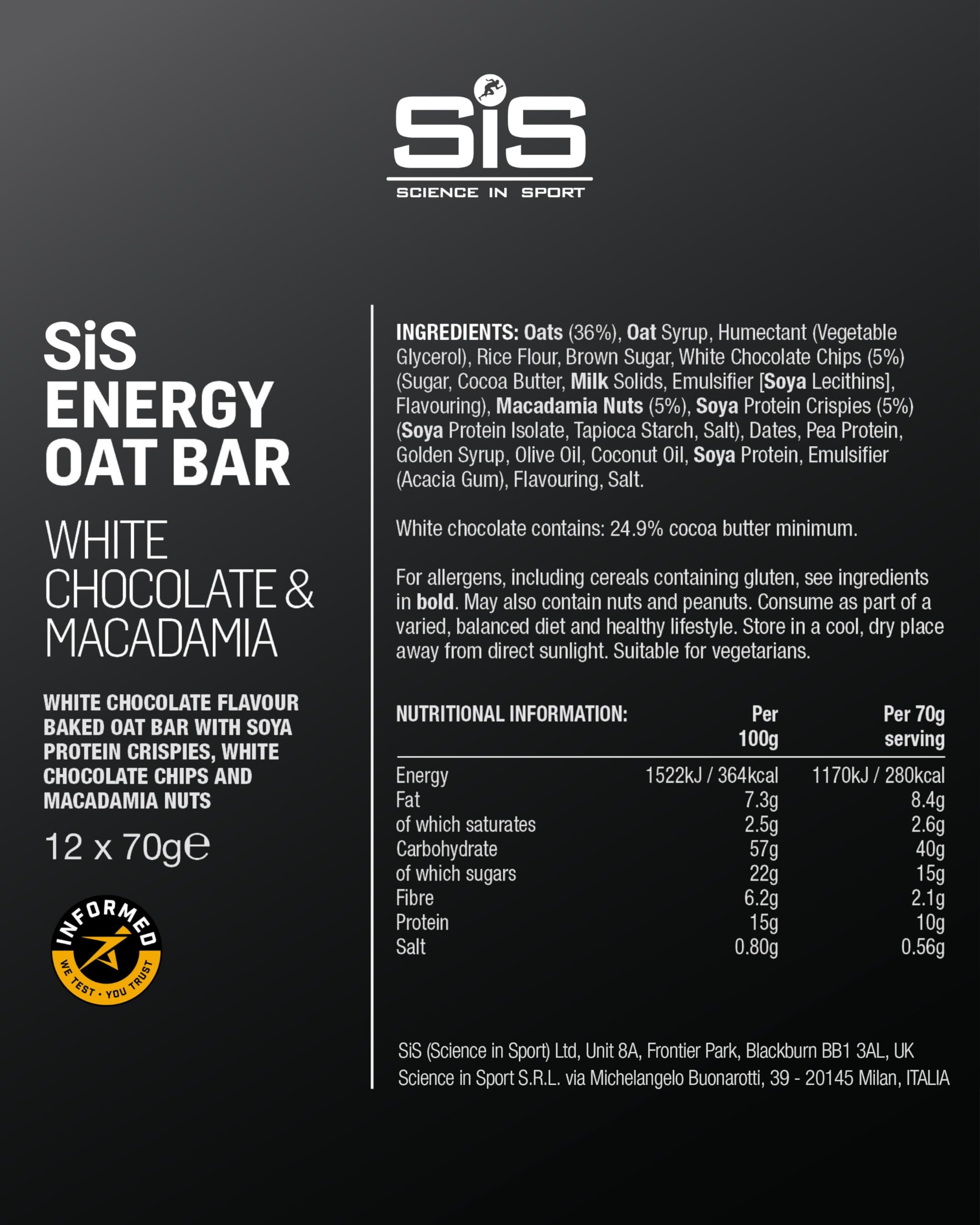 Wrapped SIS OAT BAR ENERGY bar highlighting real oats and macadamia for natural fueling