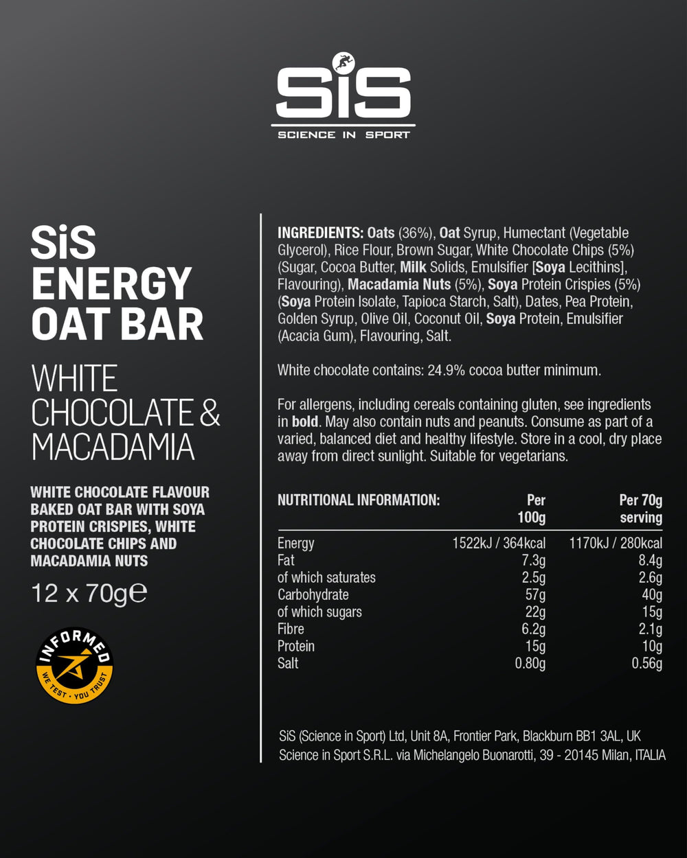 Wrapped SIS OAT BAR ENERGY bar highlighting real oats and macadamia for natural fueling