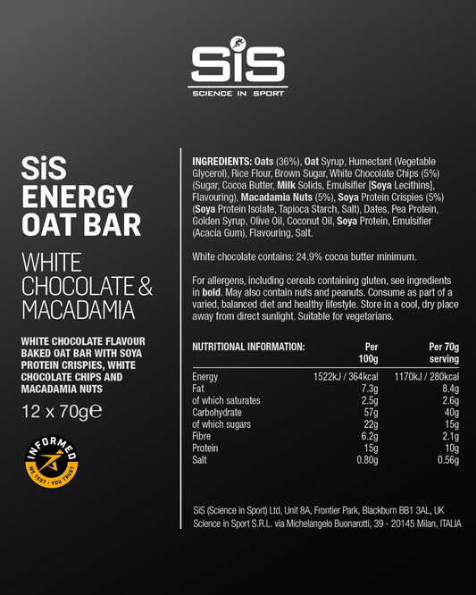 Wrapped SIS OAT BAR ENERGY bar highlighting real oats and macadamia for natural fueling