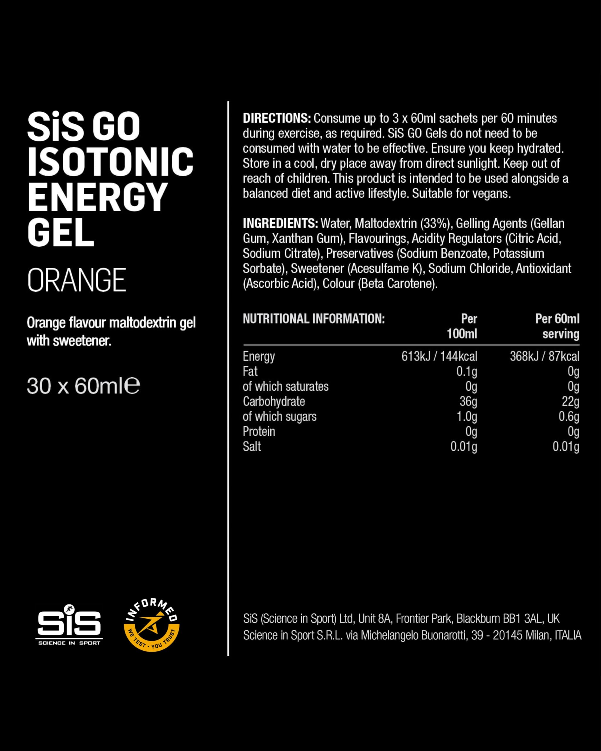 Science in Sport SIS Gel GO label close-up highlights vegan and gluten-free formula