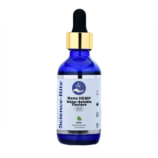 Science-Rite Nano Water-Soluble Hemp bottle front view supports quick balance.
