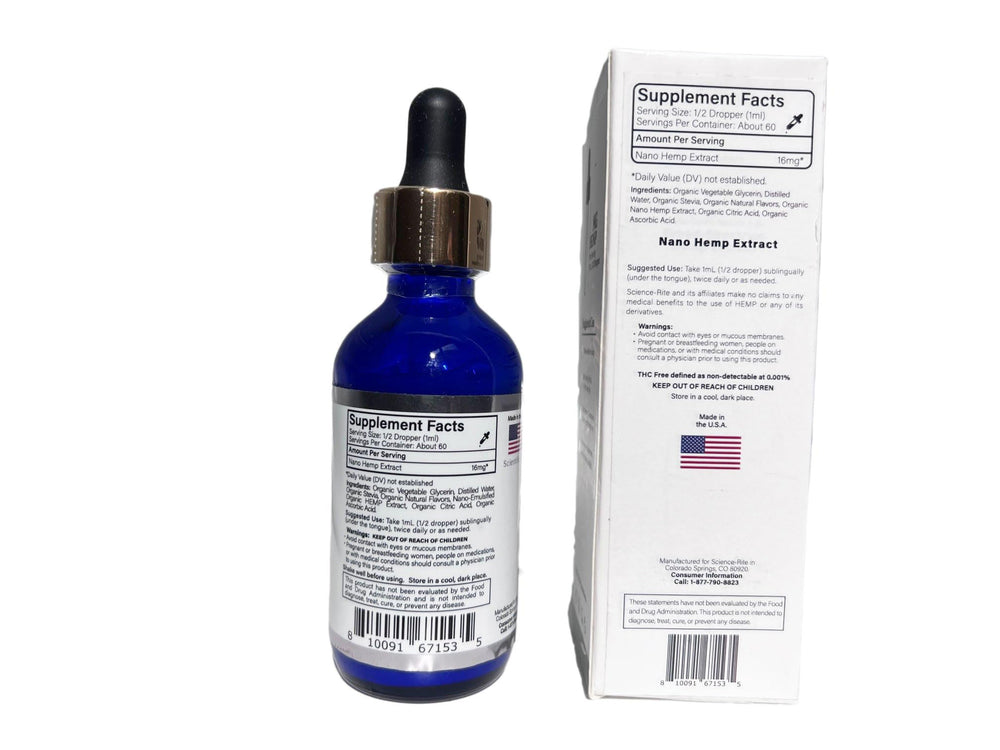 Science-Rite Nano hemp label image shows non-GMO vegan formula and lab-tested quality