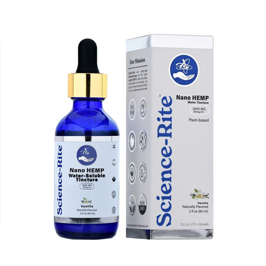 Science-Rite nano hemp bottle ready for fast, convenient dosing.
