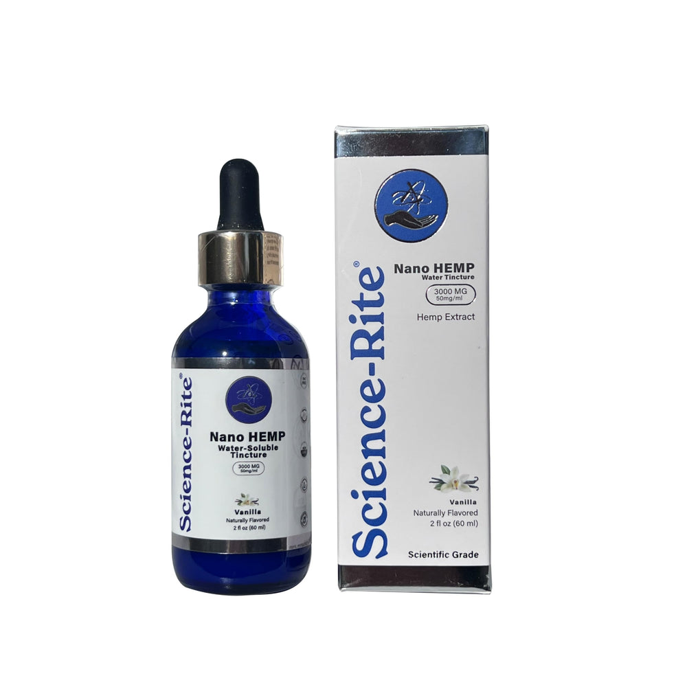 Science-Rite nano hemp liquid close-up highlights vanilla flavor profile.