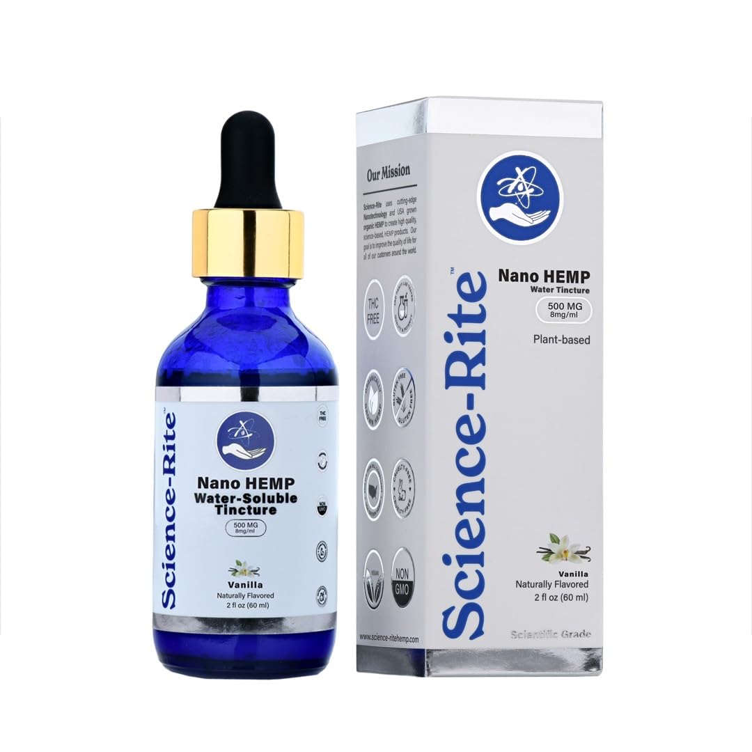 Science-Rite Nano Water-Soluble Hemp bottle with vanilla flavor for fast, on-the-go use