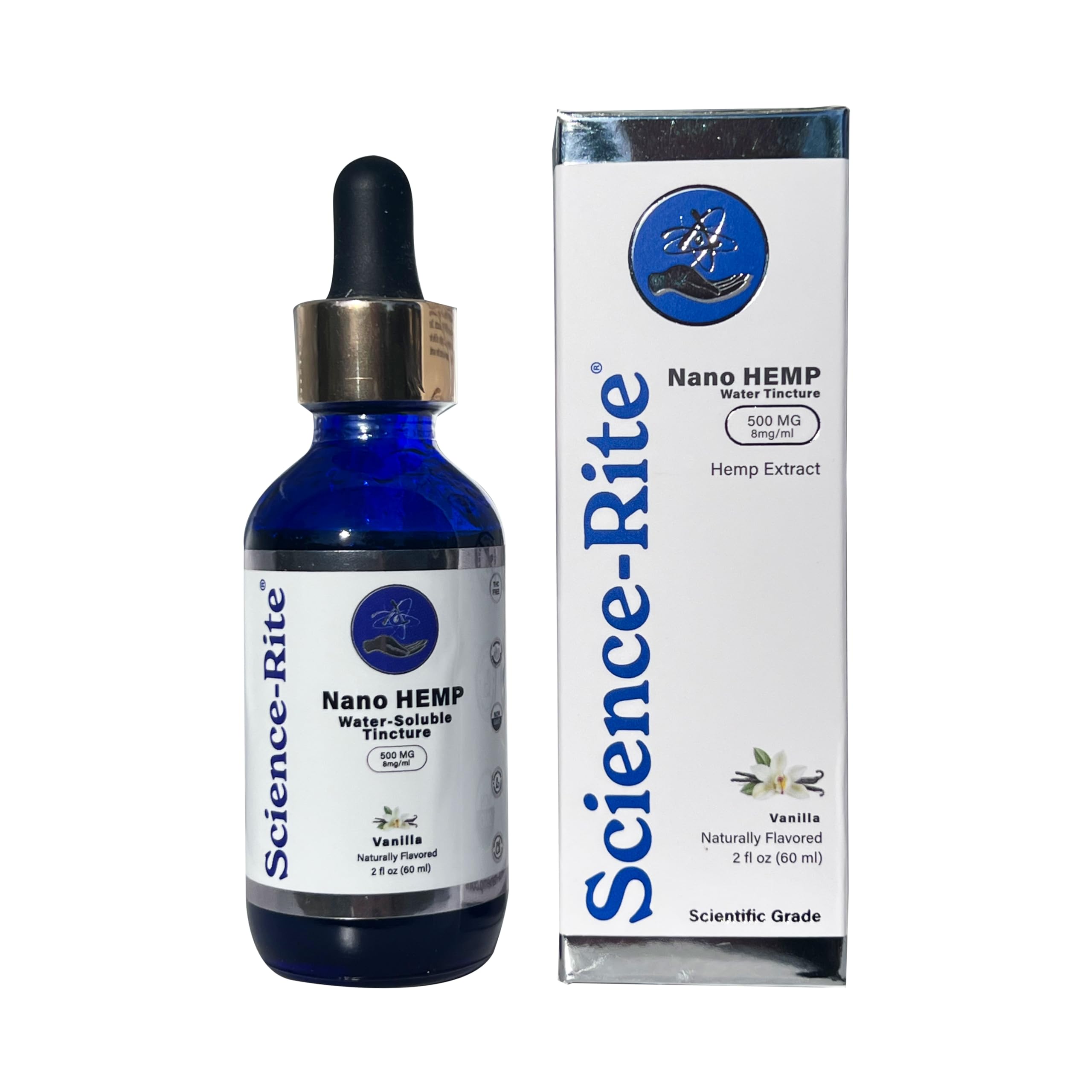 Science-Rite Nano Water-Soluble Hemp bottle label highlights ingredients and benefits