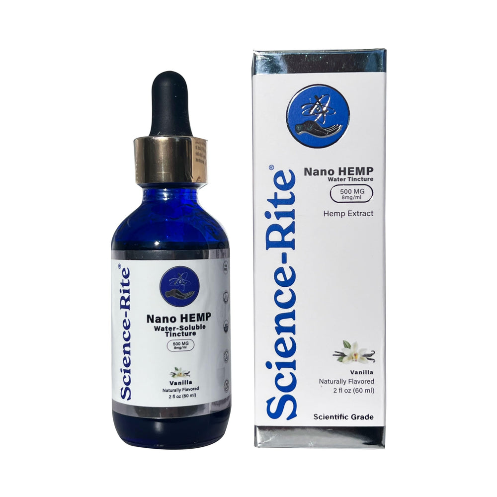 Science-Rite Nano Water-Soluble Hemp bottle label highlights ingredients and benefits