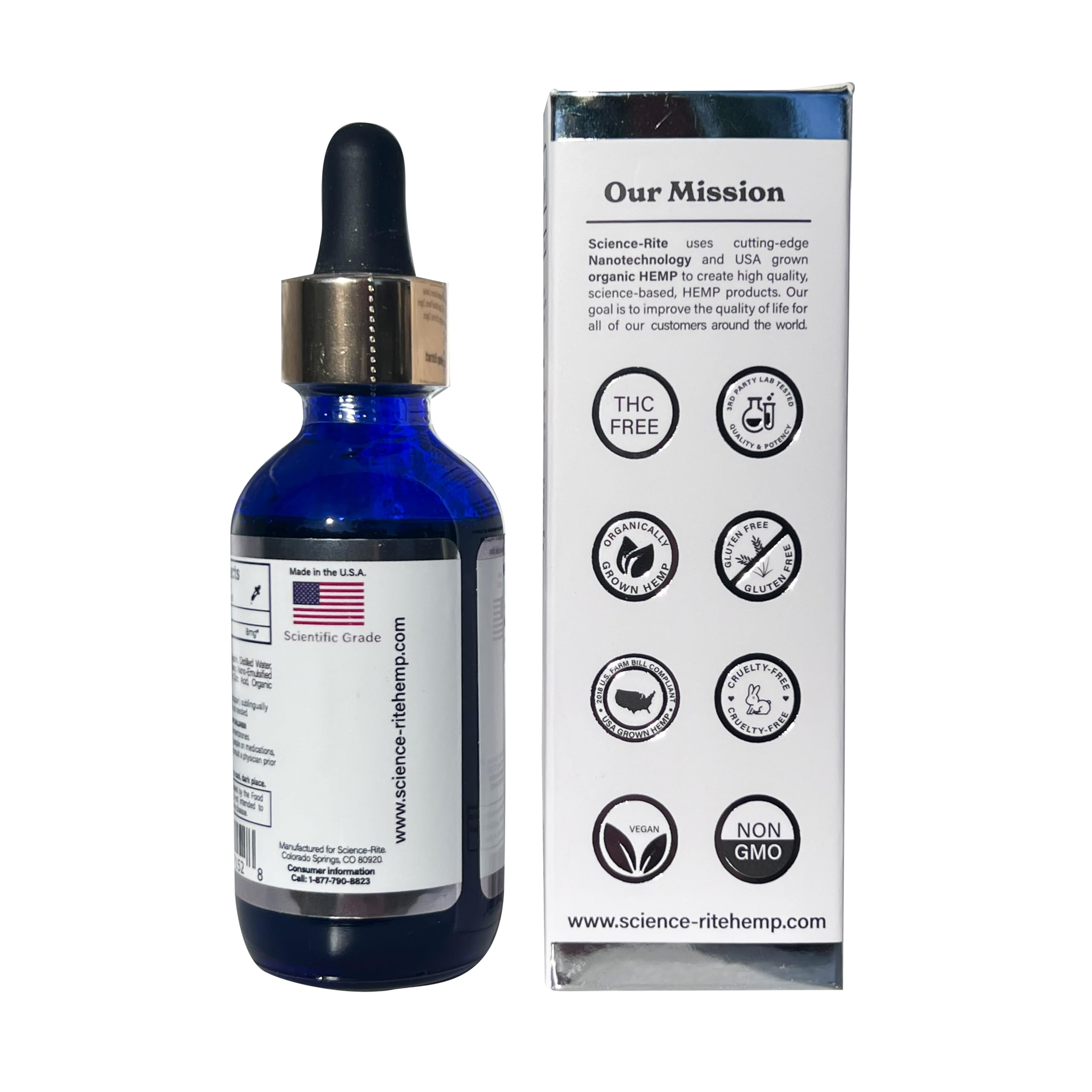 Science-Rite Nano Water-Soluble Hemp packaging emphasizes American-made and lab-tested