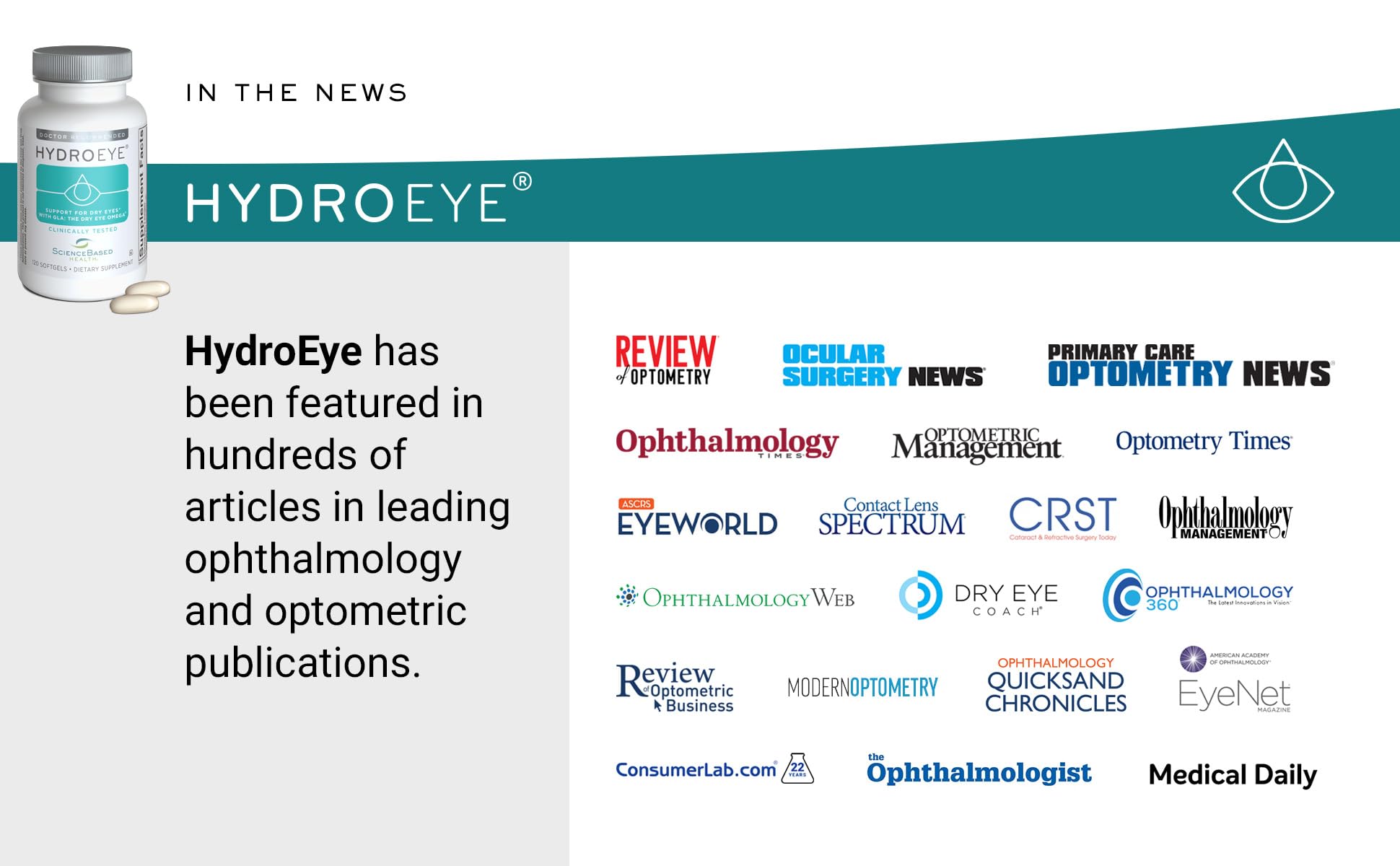 HydroEye tear film illustration emphasizes balanced formula supporting eye comfort