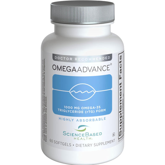 ScienceBased Health OmegaAdvance lemon-coated softgels in bottle, easy daily intake.