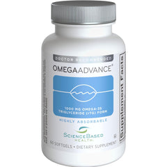 ScienceBased Health OmegaAdvance lemon-coated softgels in bottle, easy daily intake.