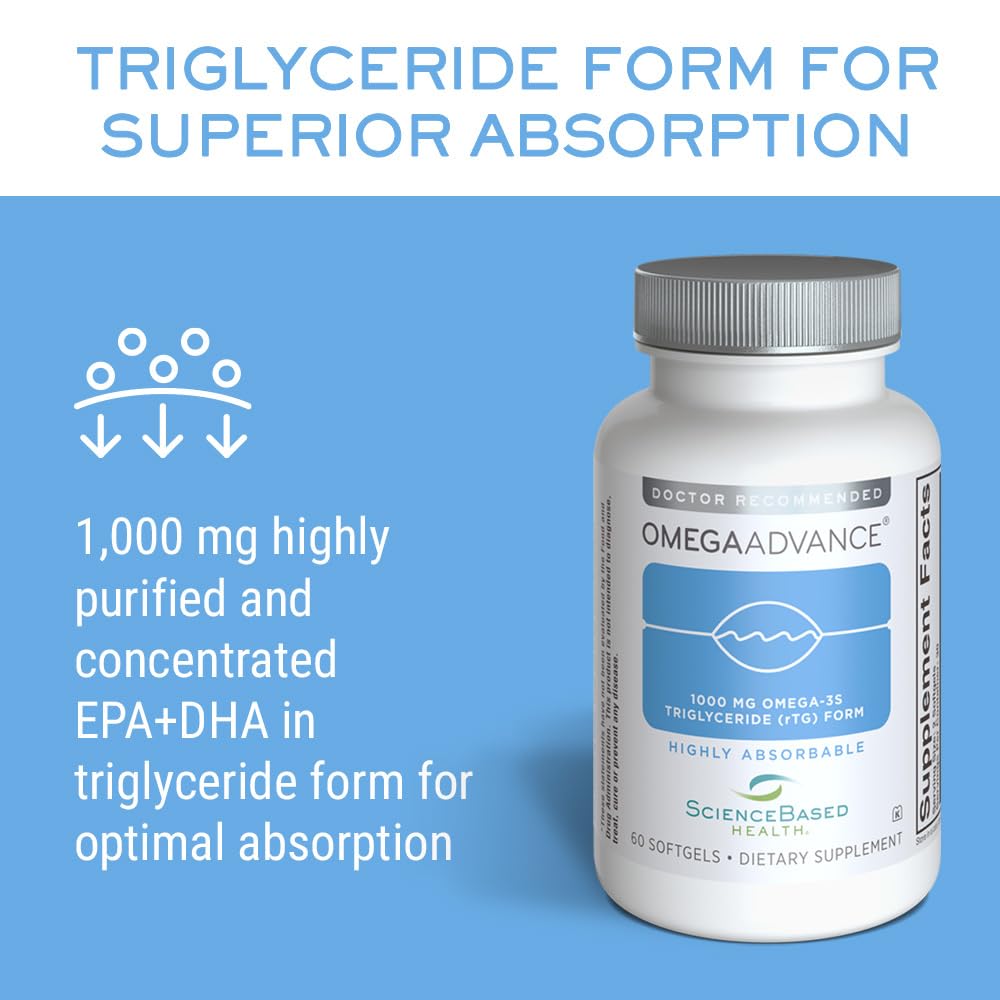Bottle pour of OmegaAdvance softgels for convenient daily dosing.