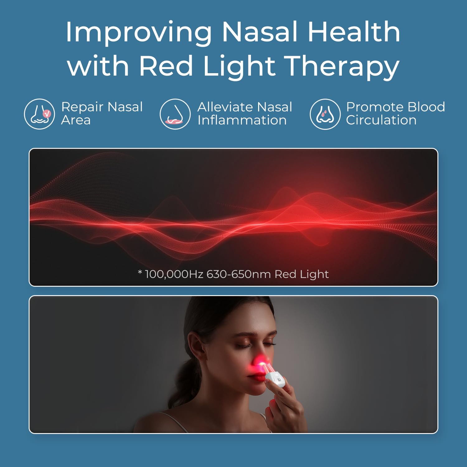 Scienlodic red light nasal therapy session with 610-650nm illumination for nasal care.