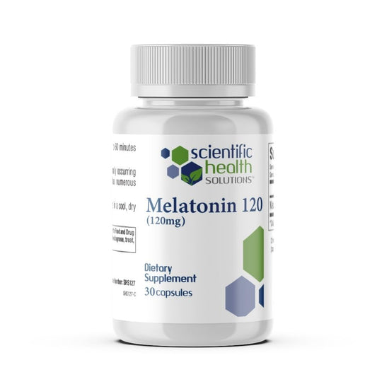 Scientific Health Solutions melatonin 120mg bottle cap showing easy-to-swallow capsule design for bedtime routine.