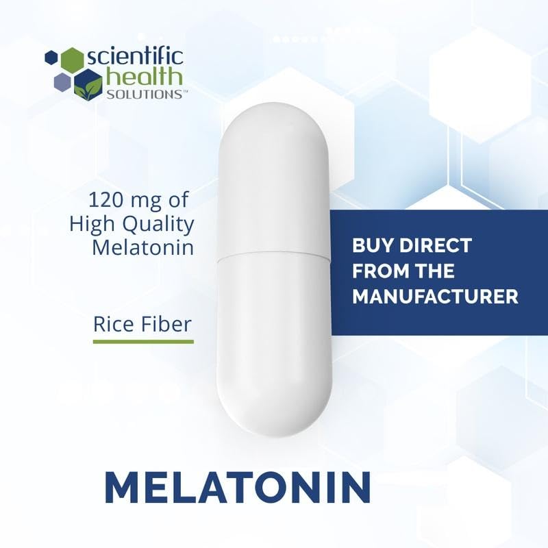 Scientific Health Solutions melatonin 120mg capsule side view highlighting vegan, gluten-free formulation.