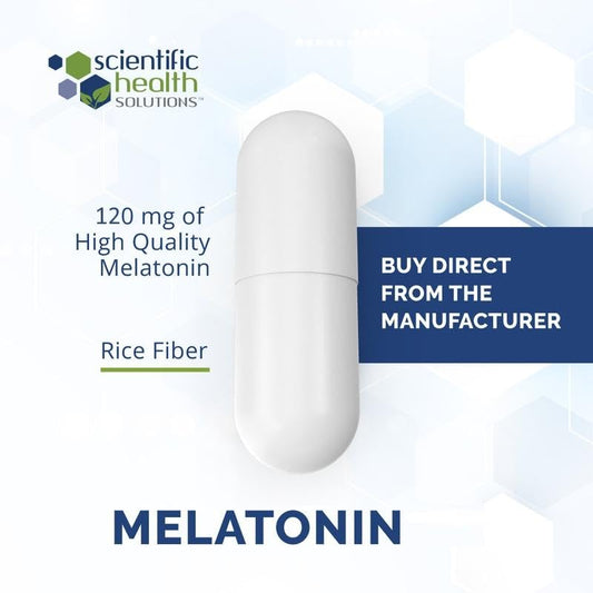 Scientific Health Solutions melatonin 120mg capsule side view highlighting vegan, gluten-free formulation.