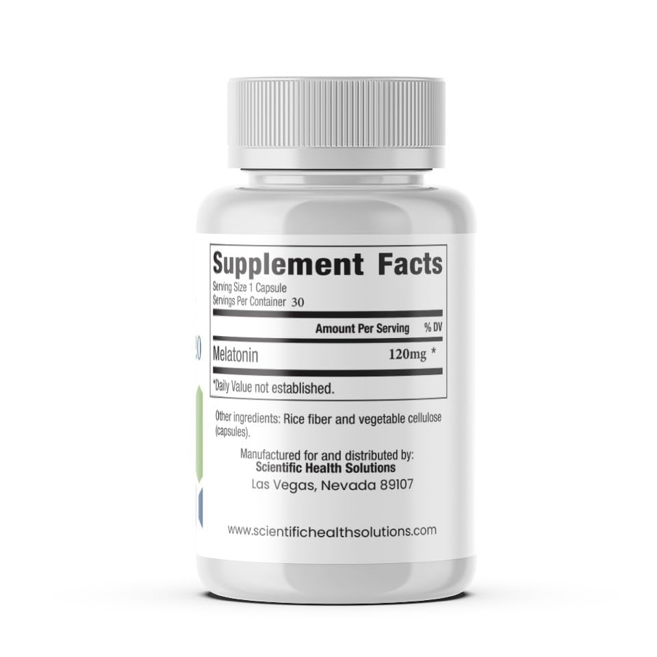 Scientific Health Solutions melatonin 120mg packaging emphasizes US-made quality and non-GMO ingredients.