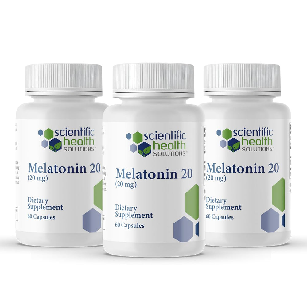 Scientific Health Solutions Melatonin 20mg bottle close-up for winding down bedtime