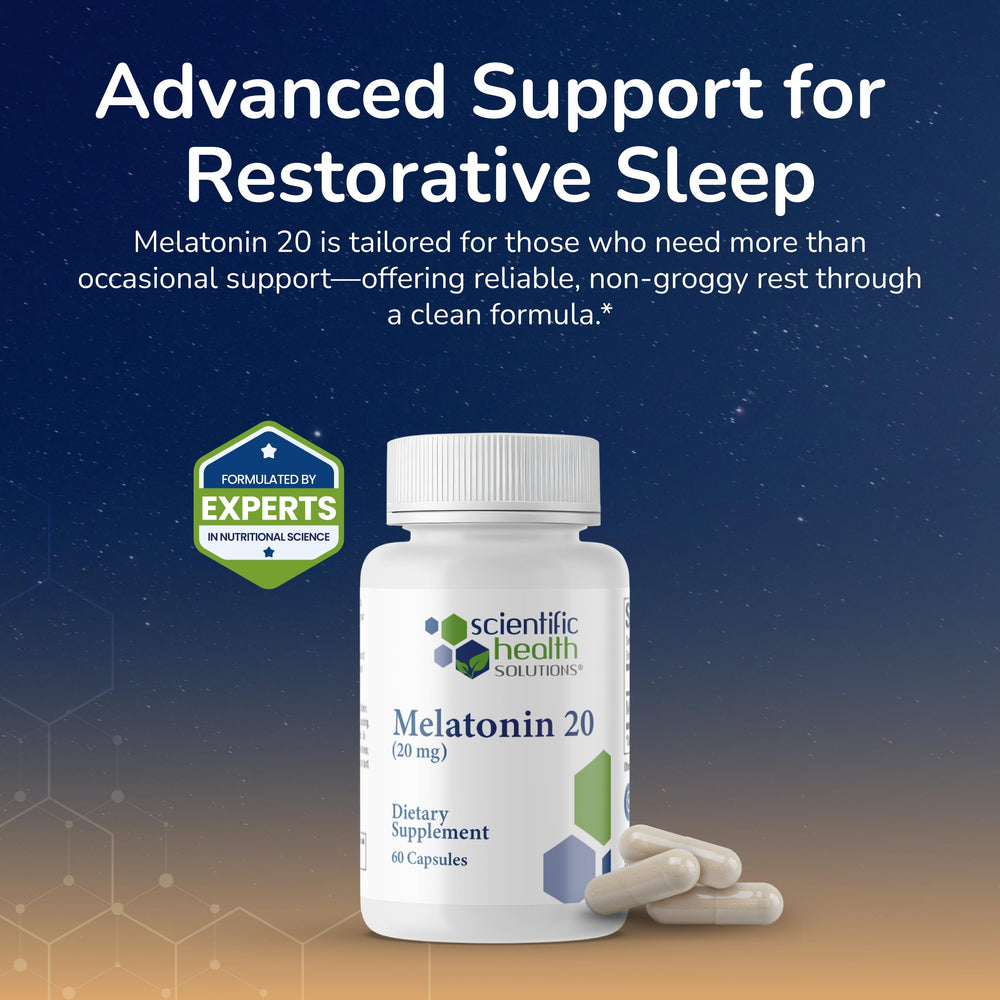 Scientific Health Solutions Melatonin bottle label highlights vegan, gluten-free formula