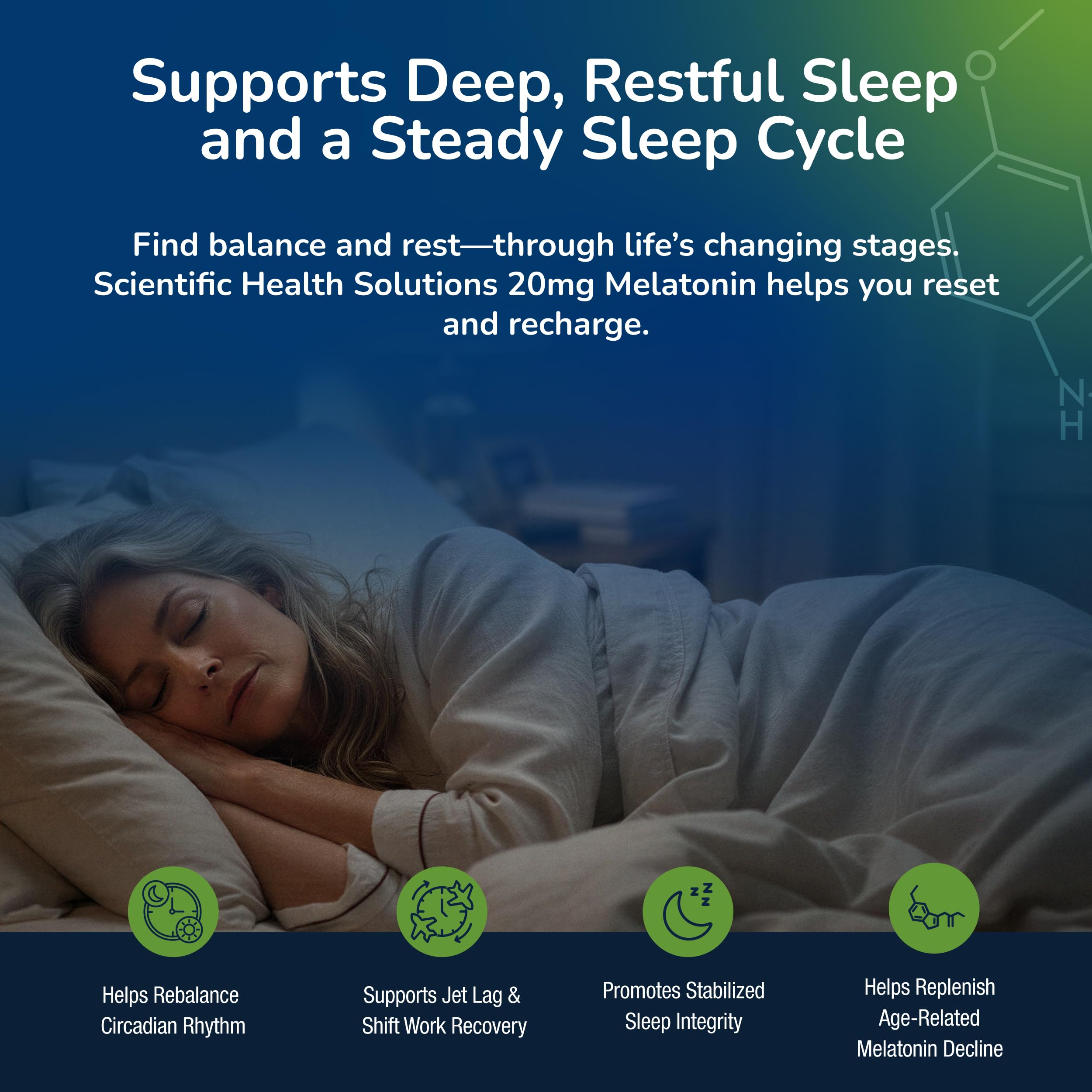 Scientific Health Solutions melatonin capsules close-up showing vegan, gluten-free formula.