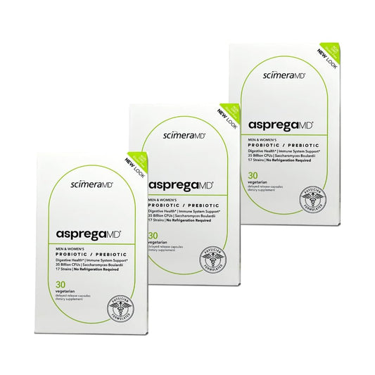 Scimera Asprega bottle front displaying probiotic capsules for gut balance
