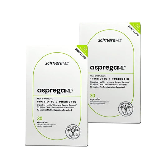 Scimera Bioscience Asprega 30CT bottle front supports gut balance