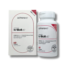 ScimeraMD KrillOilMD bottle front with updated branding and omega 3 profile