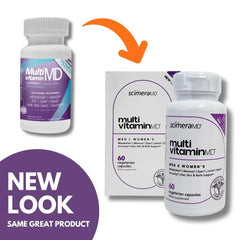 ScimeraMD Multivitamin bottle back label highlights metabolism and immune support