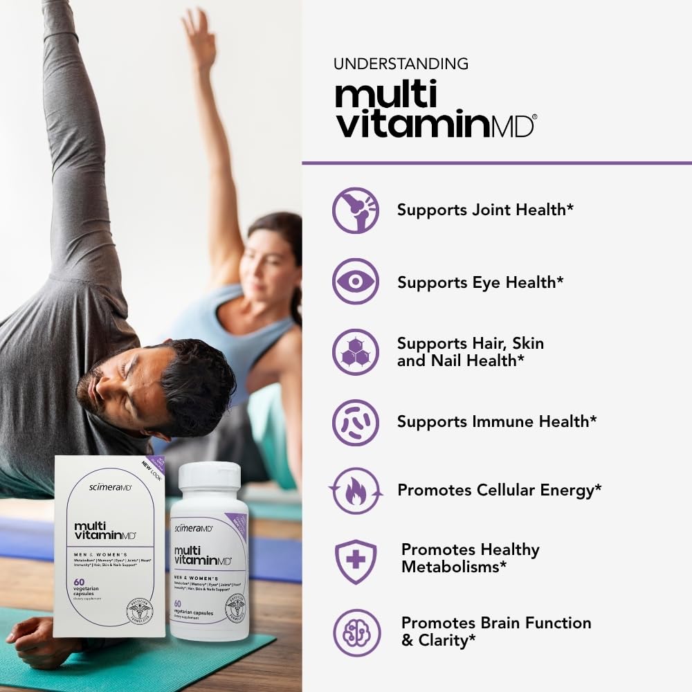 ScimeraMD Multivitamin box on a clean surface showing eye and hair benefits