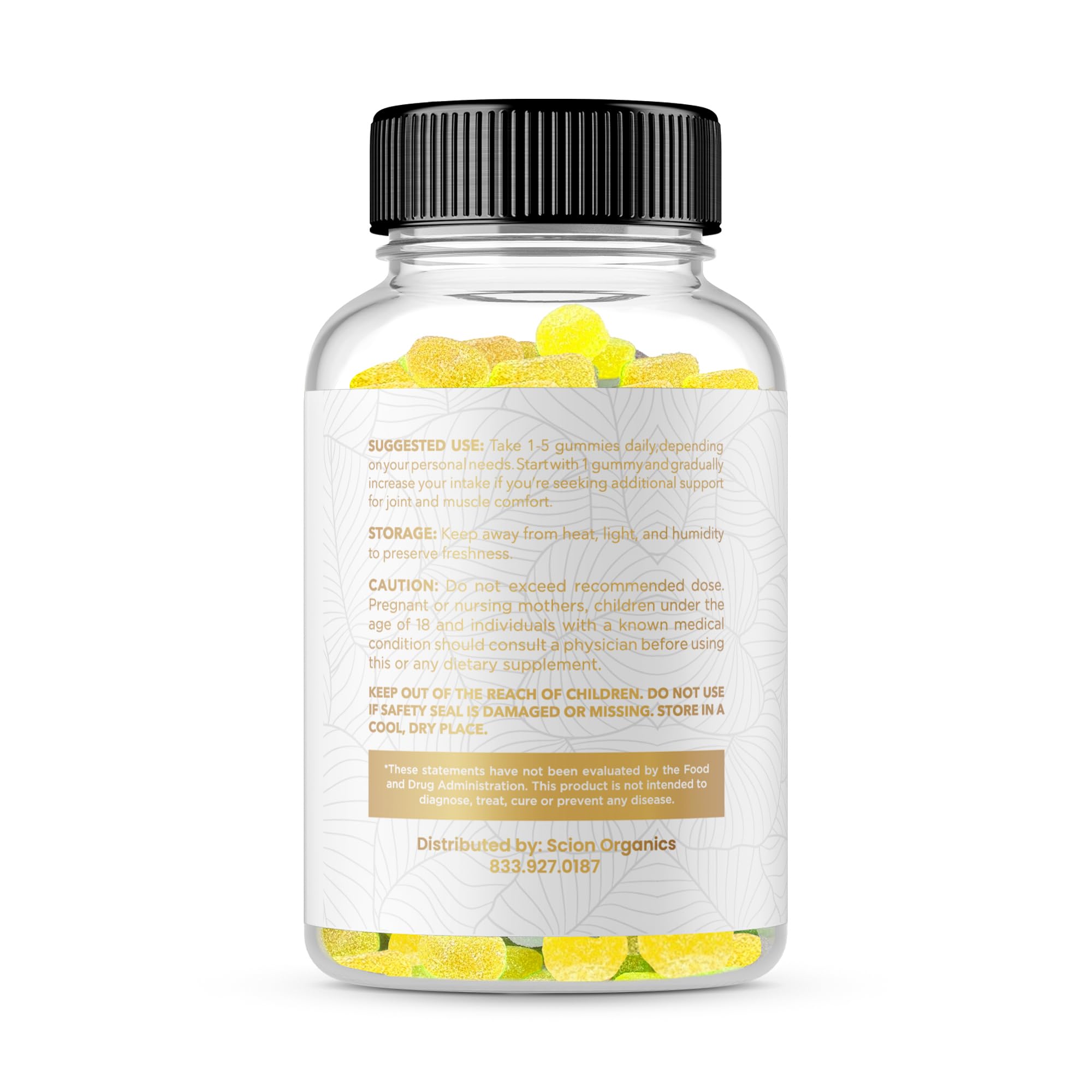 Scion Organics hemp gummies bottle close-up highlighting natural raspberry flavor.