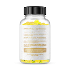 Scion Organics hemp gummies bottle close-up highlighting natural raspberry flavor.