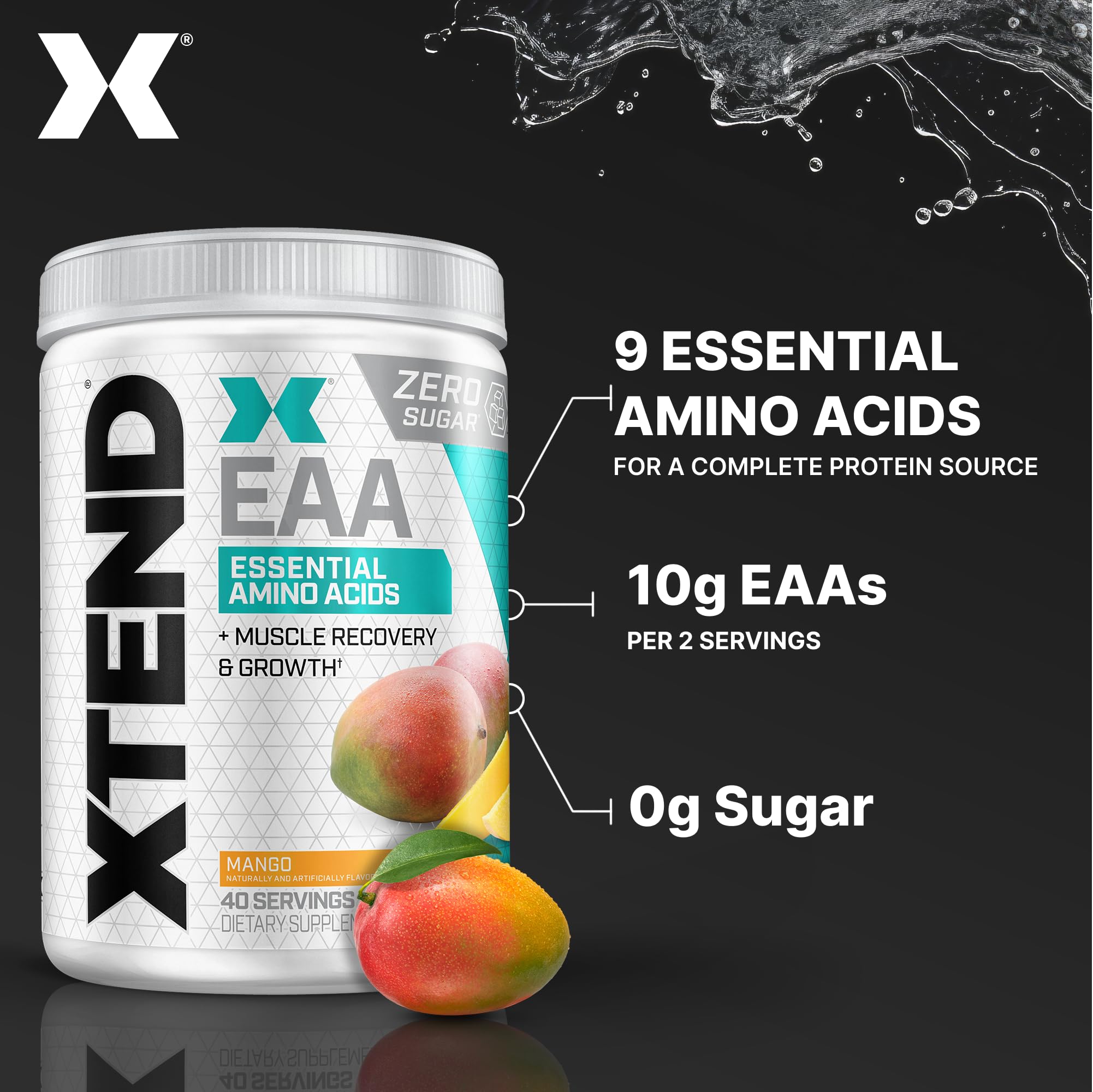 Scivation Xtend EAA Mango label close-up emphasizes 10g EAAs per serving.