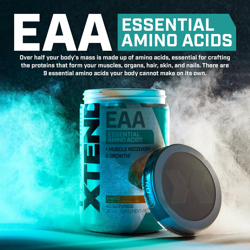 Scivation Xtend EAA Mango serving glass highlights tasty, sugar-free hydration.