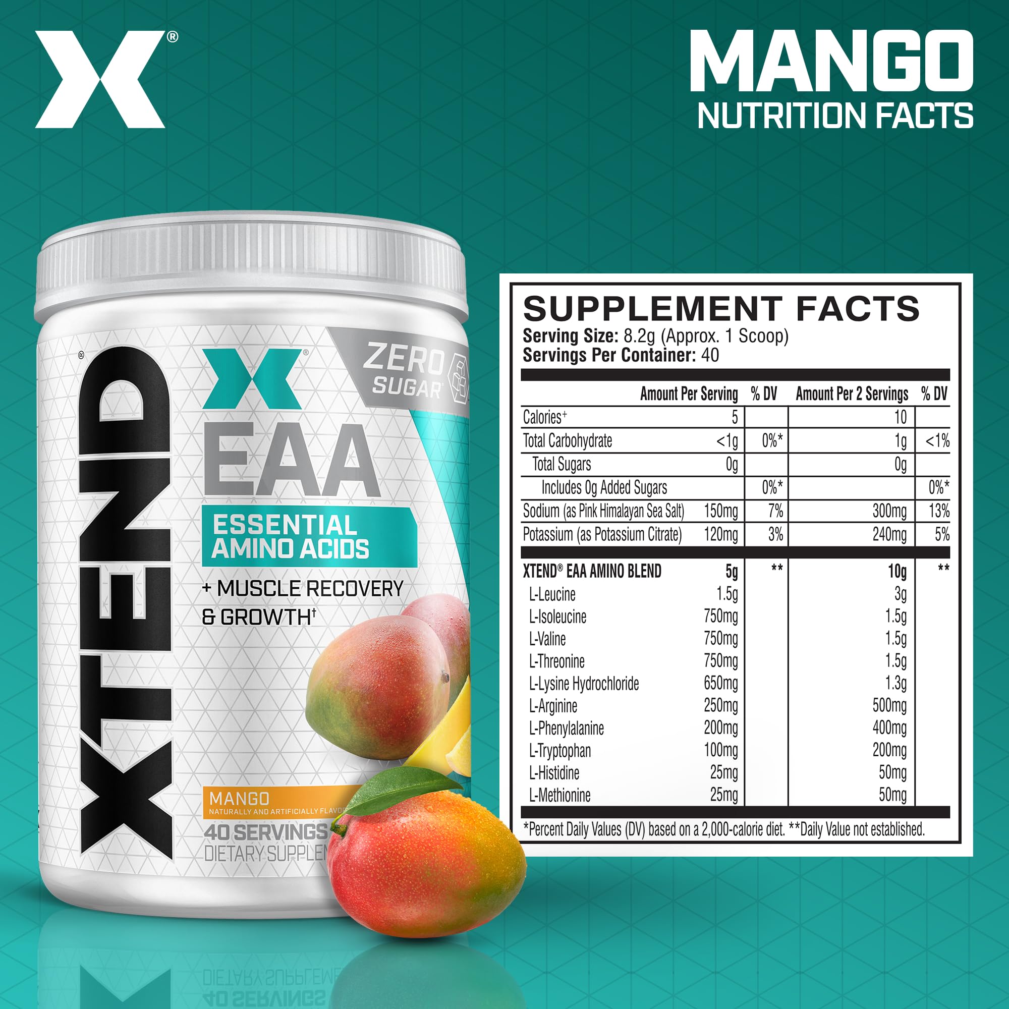 Scivation Xtend EAA Mango tub front highlights zero sugar and flavor.