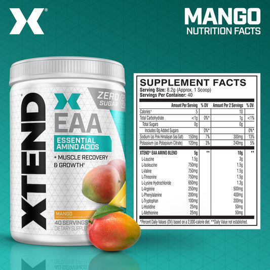Scivation Xtend EAA Mango tub front highlights zero sugar and flavor.