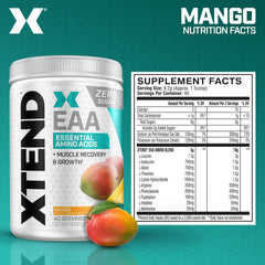 Scivation Xtend EAA Mango tub front highlights zero sugar and flavor.