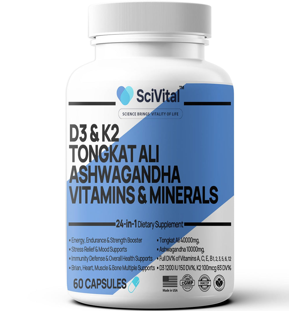 SciVital Ashwagandha Tongkat Ali bottle front showing high‑potency daily supplement for men