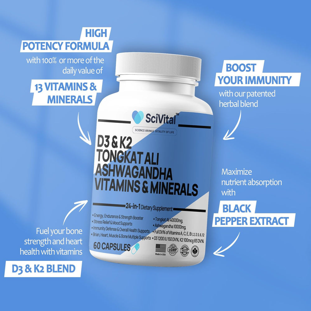SciVital multivitamin D3 K2 blister pack highlighting daily wellness profile
