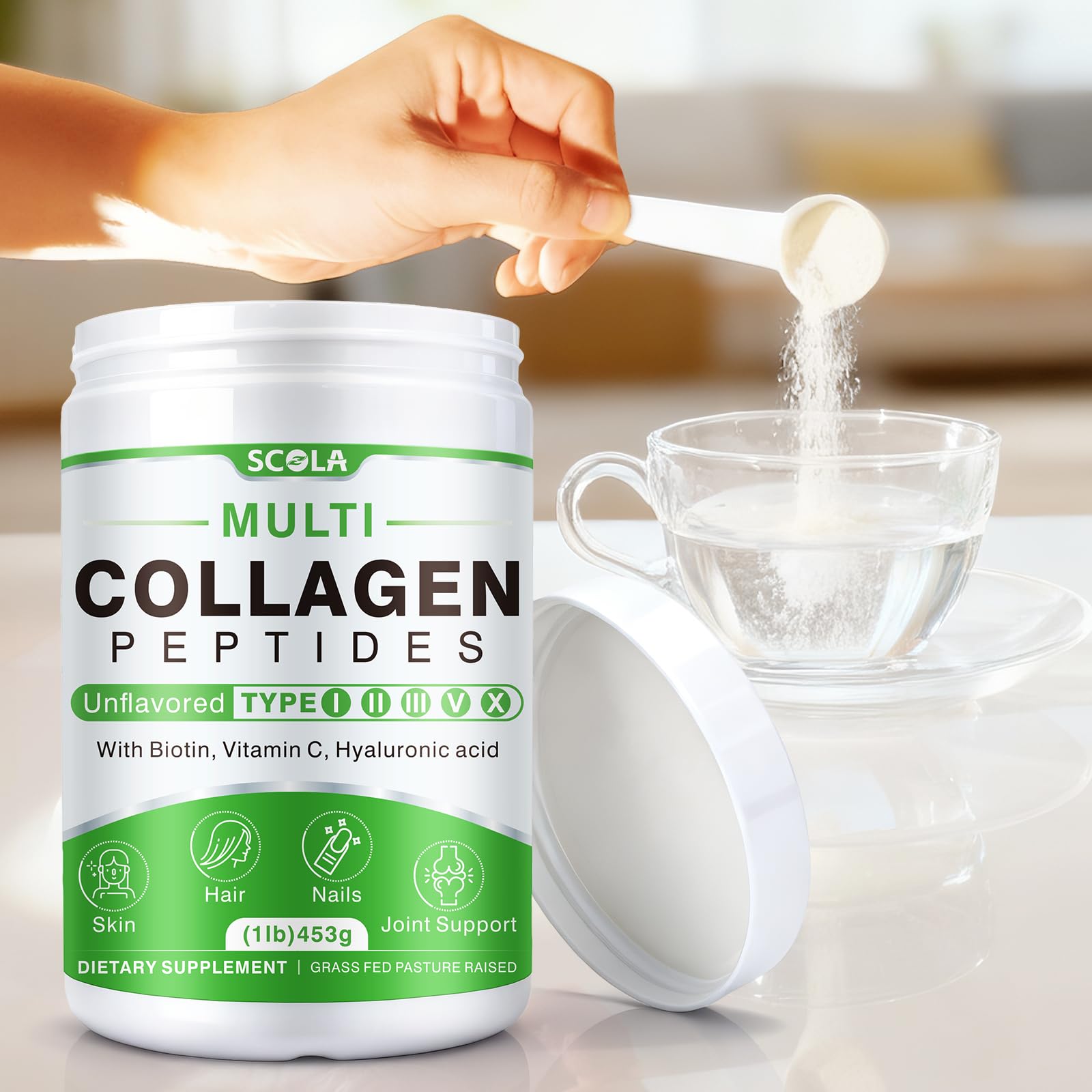 SCOLA collagen peptides powder stirred into coffee for a smooth boost