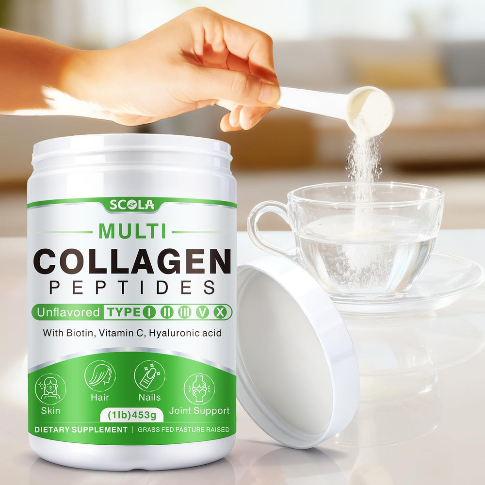 SCOLA collagen peptides powder stirred into coffee for a smooth boost